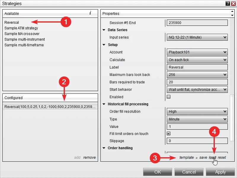 Select Reversal and load templates on a chart in NinjaTrader 8
