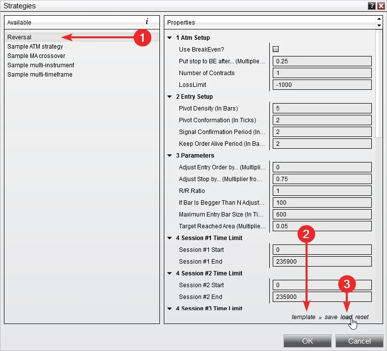 Select Reversal strategy and load templates in NinjaTrader 8