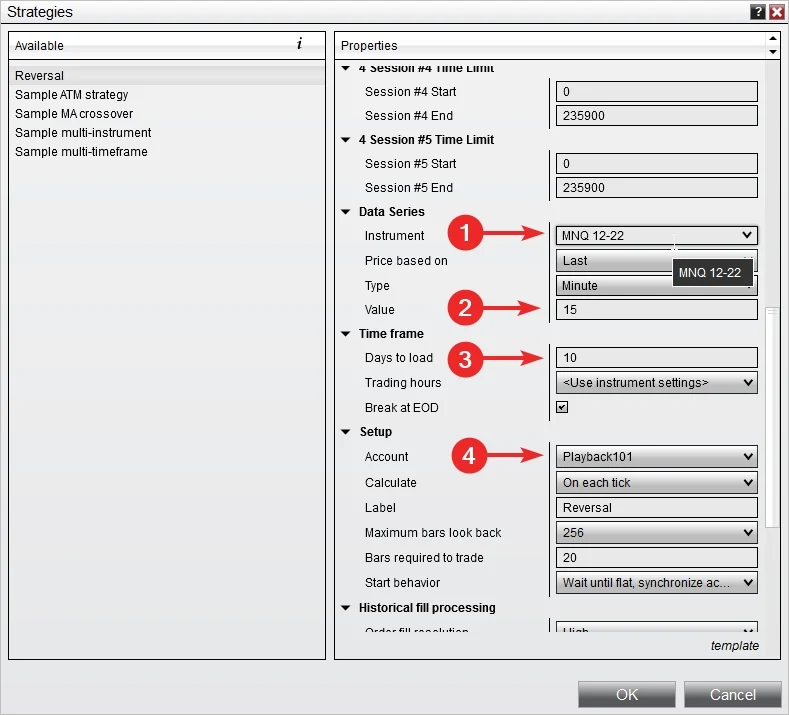 Confirm data series settings and select account for strategy in NinjaTrader 8