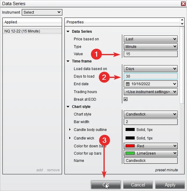 Set NQ 15 minute bars and days to load for the strategy data series